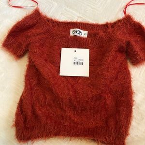 Dark red fuzzy off the shoulder crop top